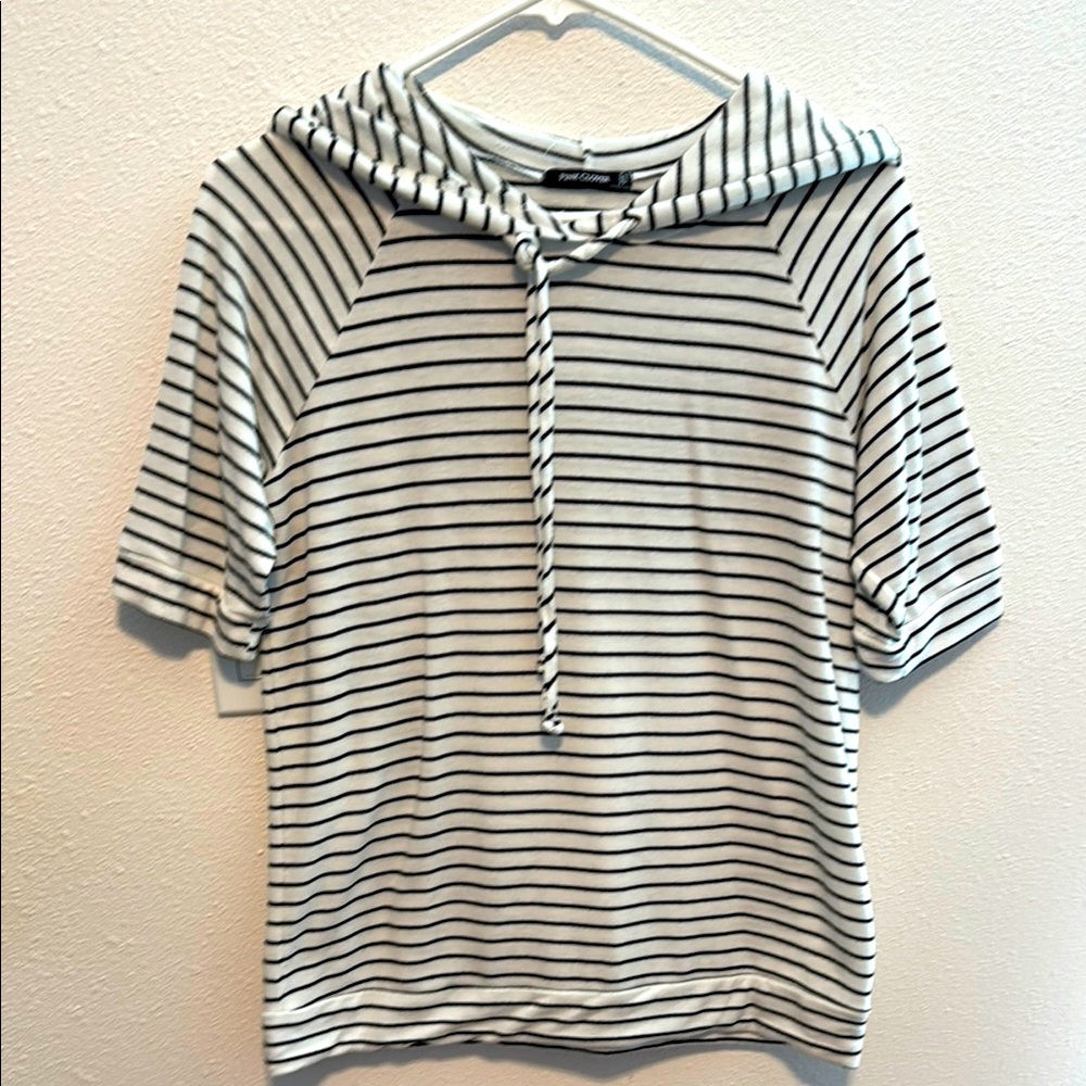 Pink Clover Striped Hooded Drawstring Top w/ elbow length sleeves.